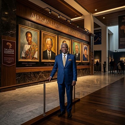 Distinguished statesman standing before a grand leadership legacy gallery & large historical portraits. Premium museum environment, inspirational atmosphere & institutional branding