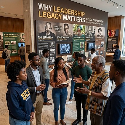Multi-generational scene, young professionals and students studying leadership exhibits, historical leadership wall displays, educational environment, and inspirational storytelling.